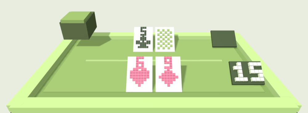 A voxel blackjack table mid-hand