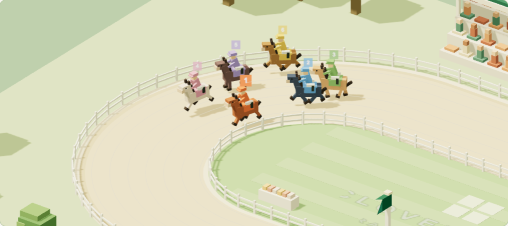 Six block-built horses rounding the bend in Block Derby