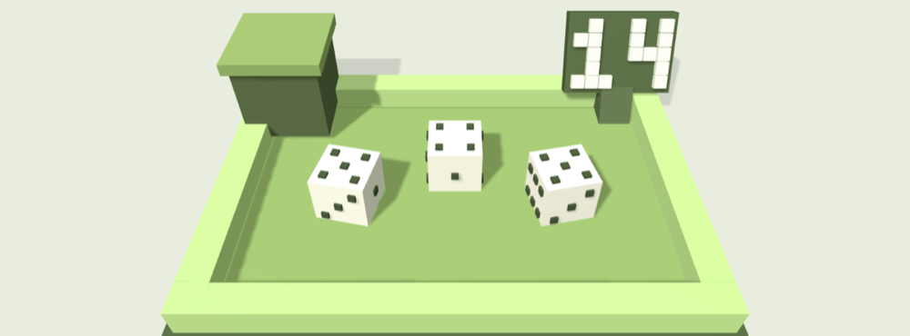 Three voxel dice resting in a block-built tray
