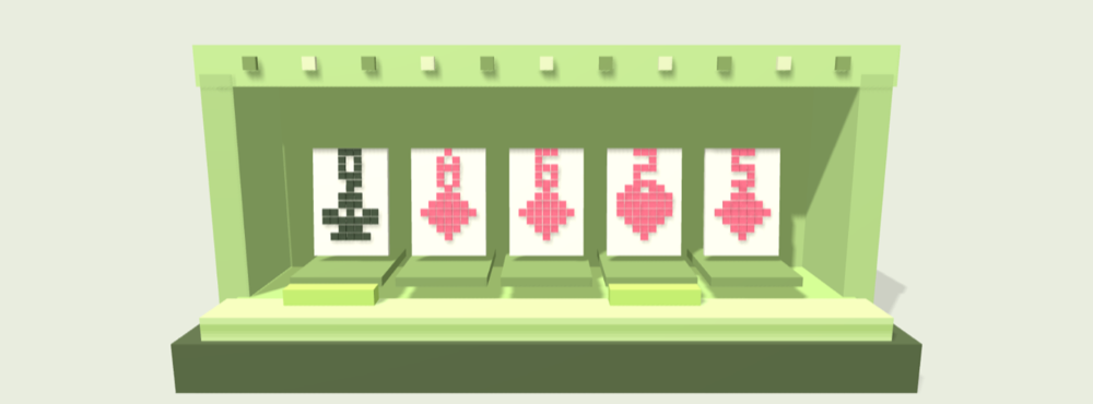 A voxel video poker cabinet showing five cards