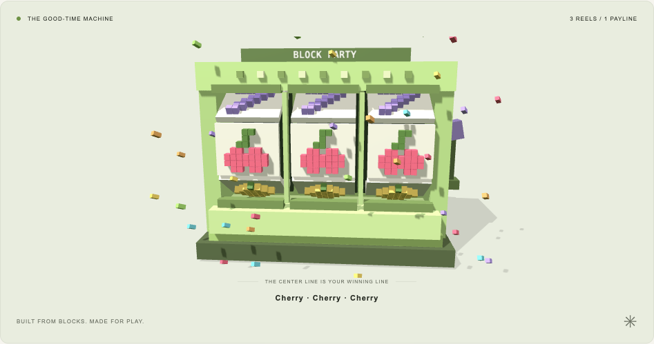 Block Party’s Three.js slot machine with colorful voxel reels